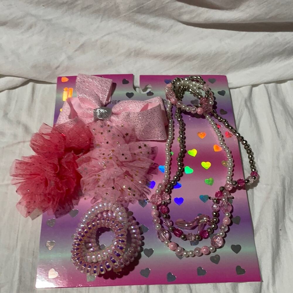 Ilysm accessories necklace bracelet bow scrunchies hair ties nwt pink gold